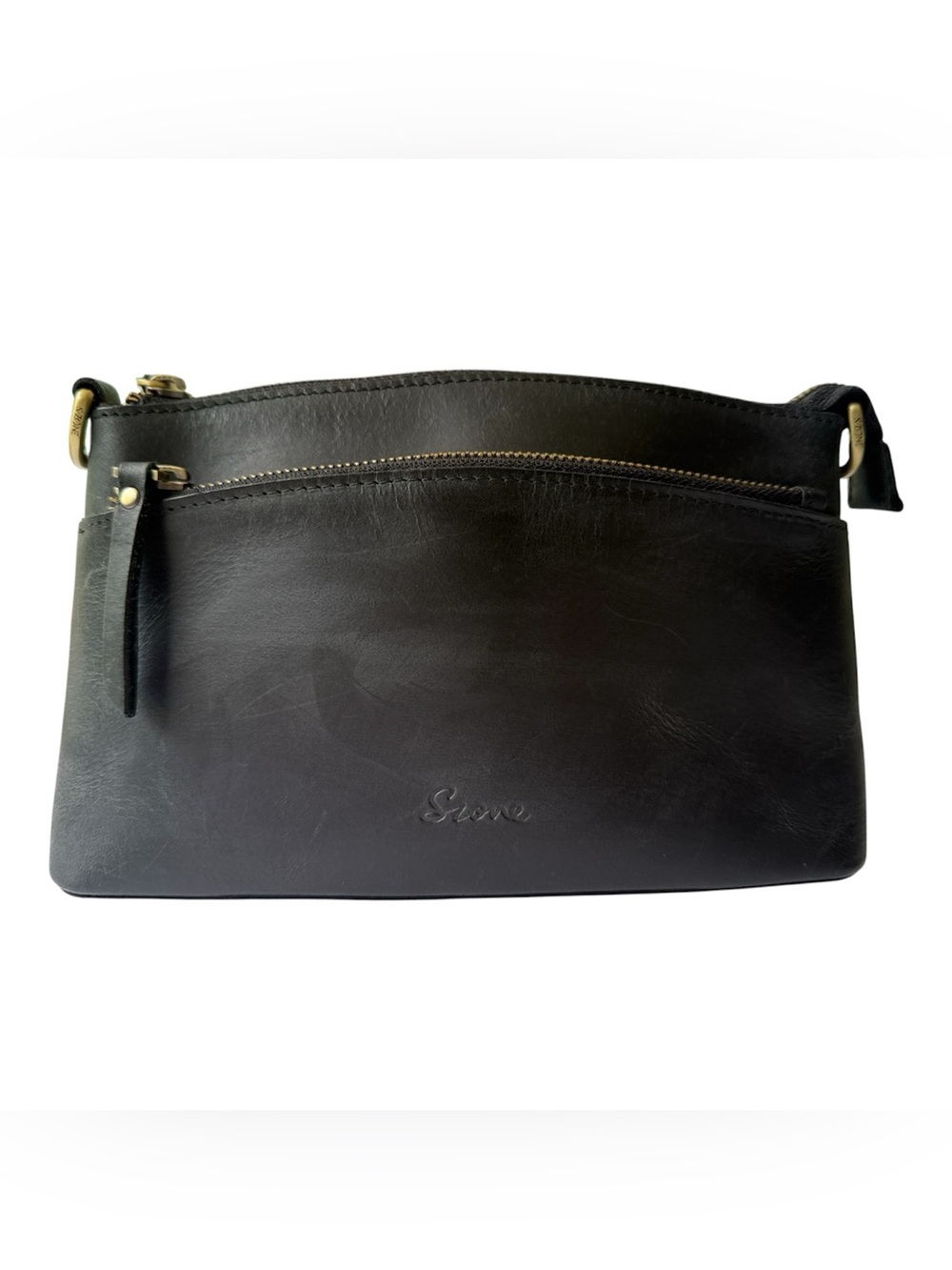 S-ZONE Black Leather Crossbody Bag Double Zip Organizer Purse